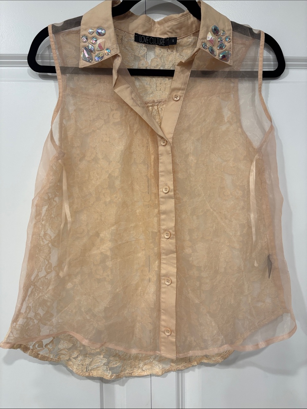 Love Culture Pastel Yellow Lace and Mesh Blouse with Rhinestones Size L